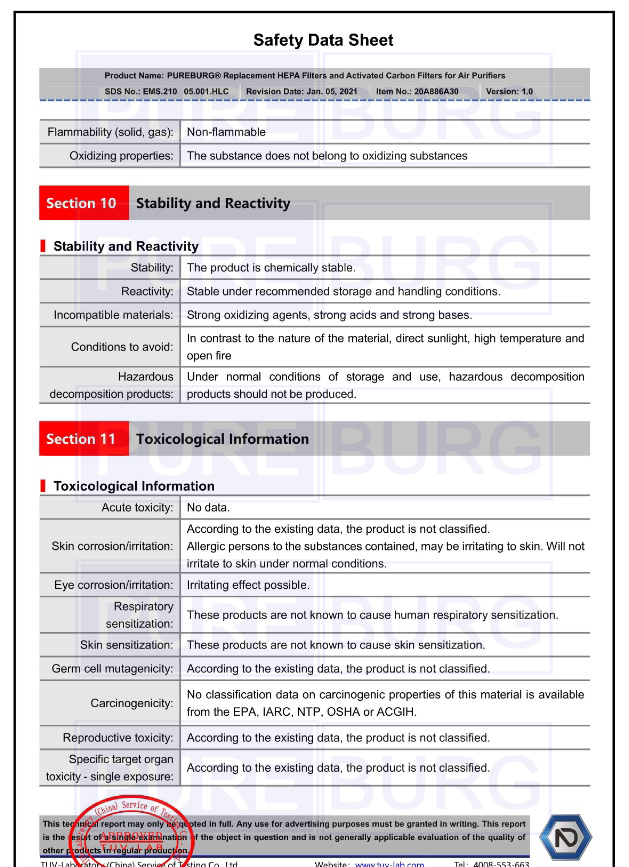 MSDS material safety by TUV